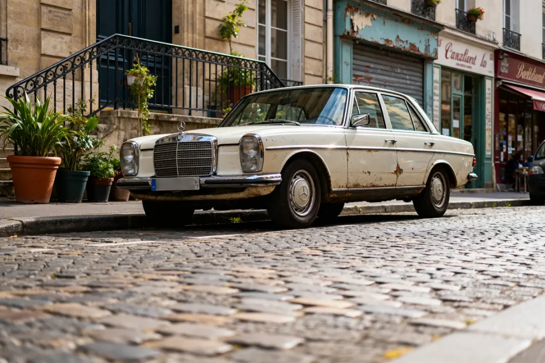 Mercedes ancienne garée sur une rue pavée devant des bâtiments historiques et boutiques charmantes