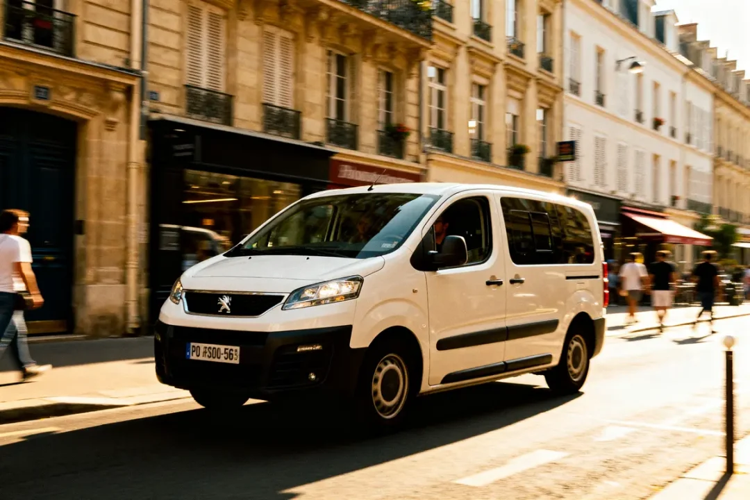 Peugeot expert 5 places blanc circulant dans une rue urbaine en journée active