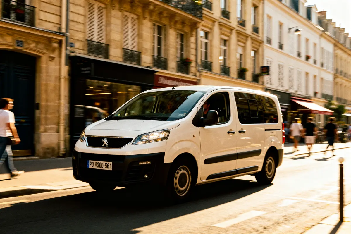 Peugeot expert 5 places blanc circulant dans une rue urbaine en journée active