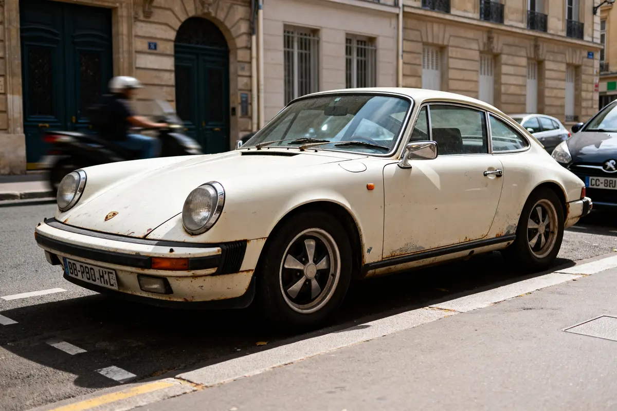 Voiture Porsche ancienne blanche garée dans une rue parisienne avec bâtiment en arrière-plan