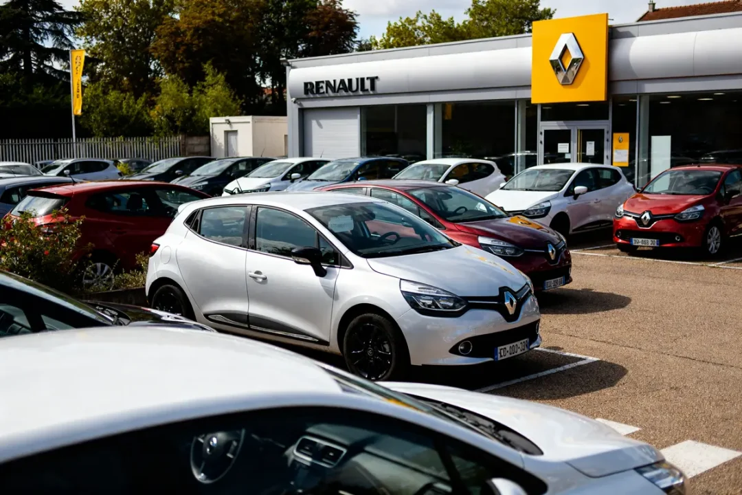 Concession Renault Fresnes avec voitures neuves exposées sur le parking avant du showroom