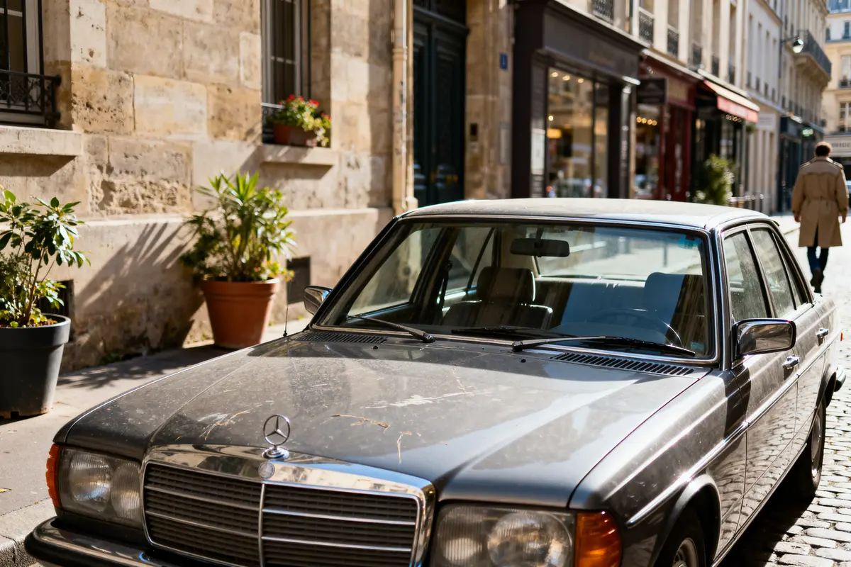 Vieille S124 Mercedes Benz grise garée dans une rue pavée ensoleillée d'une ville européenne