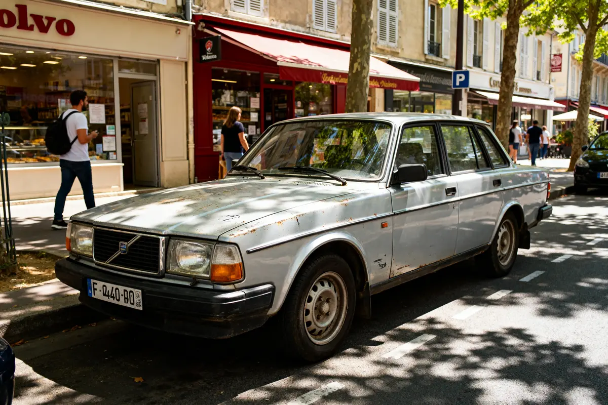 Auto Volvo 240 grise garée devant des boutiques en ville durant une journée ensoleillée