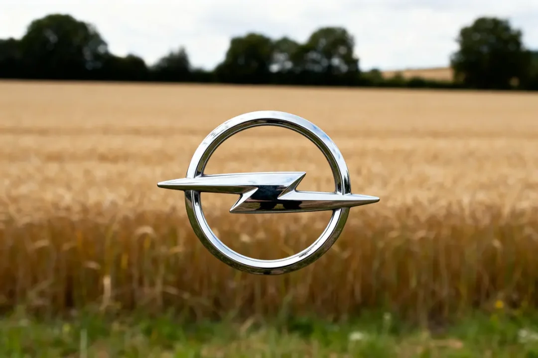 Logo Opel métallique devant un champ de blé doré en arrière-plan