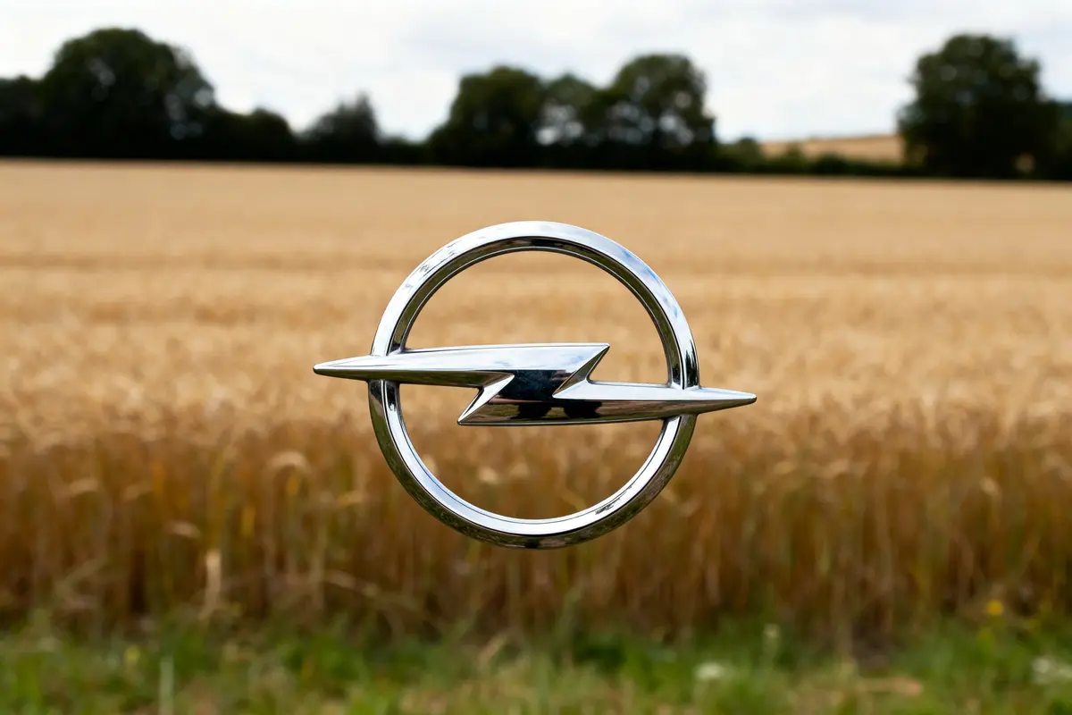 Logo Opel métallique devant un champ de blé doré en arrière-plan