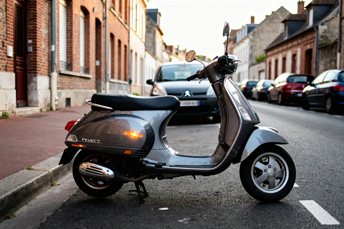 Scooter Peugeot 50CC gris stationné dans une rue bordée de maisons en briques