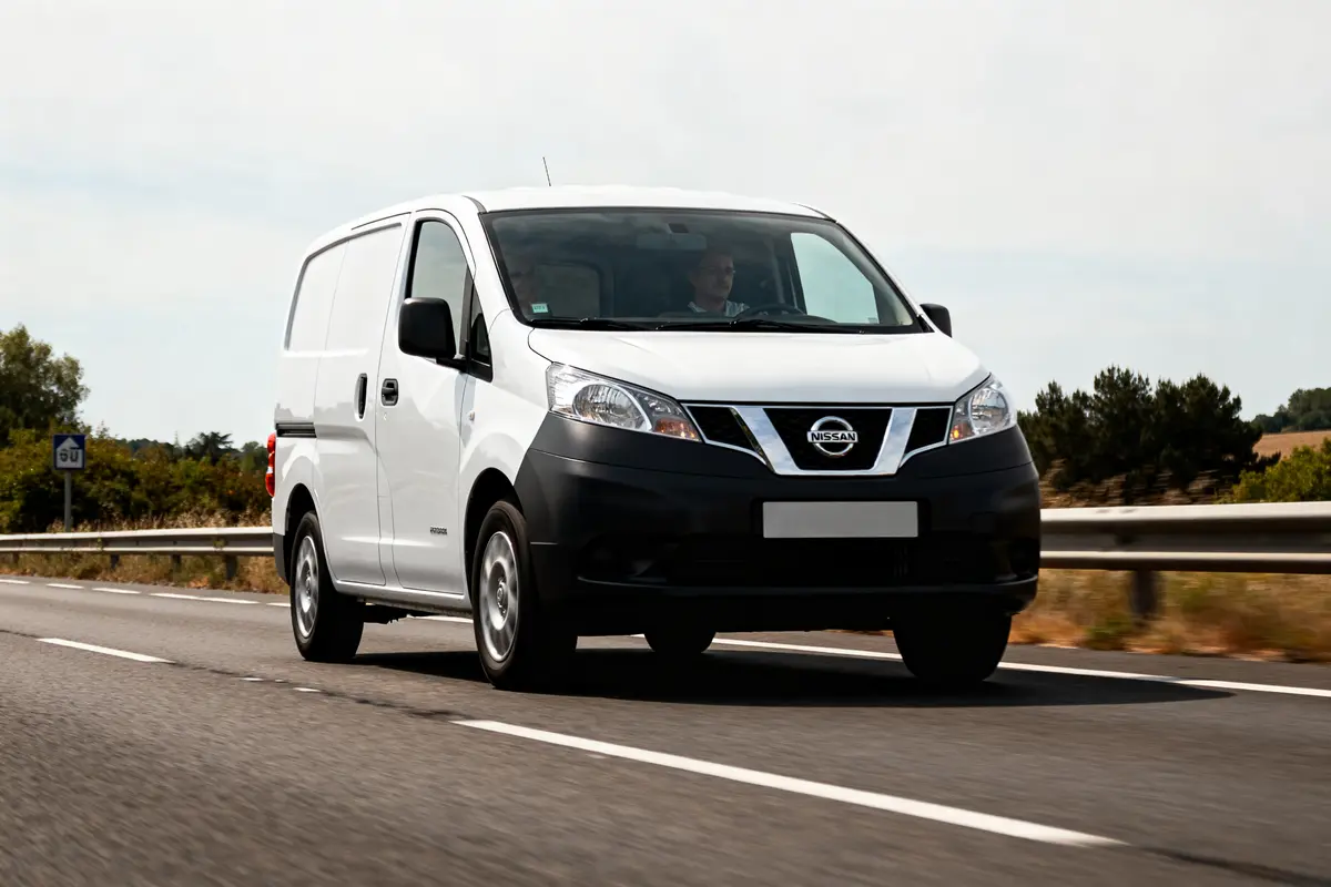 Utilitaire Nissan blanc circulant sur une autoroute en plein jour sans circulation dense