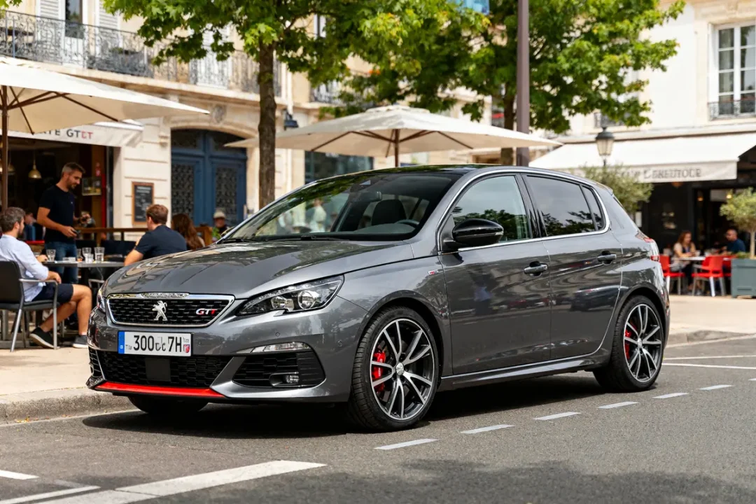 Voiture grise 308 GTI Automatic stationnée devant café en ville, environnement urbain animé.