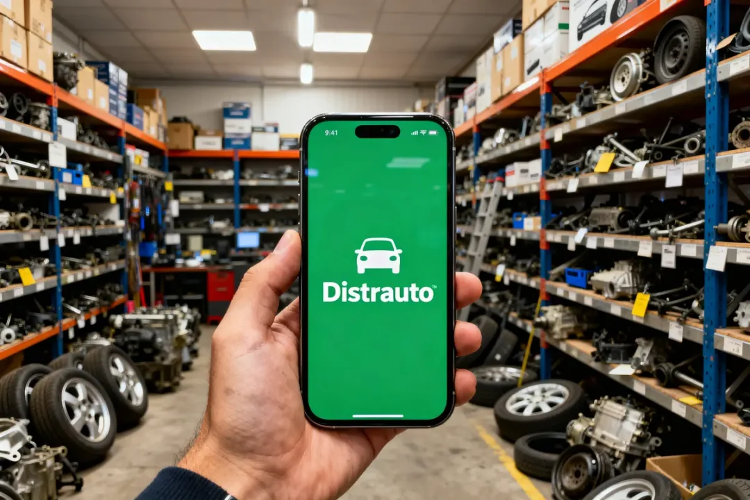 Main tenant un smartphone Distriauto dans un entrepôt de pièces automobiles et accessoires