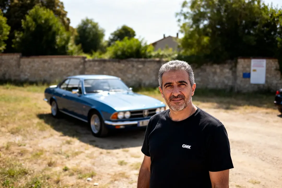 Un homme devant une voiture classique bleu clair portant un t-shirt GMK noir