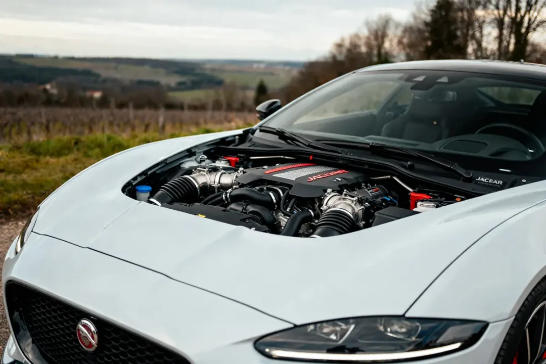 Moteur exposé de la Jaguar 220 Supercar avec vue panoramique en arrière-plan