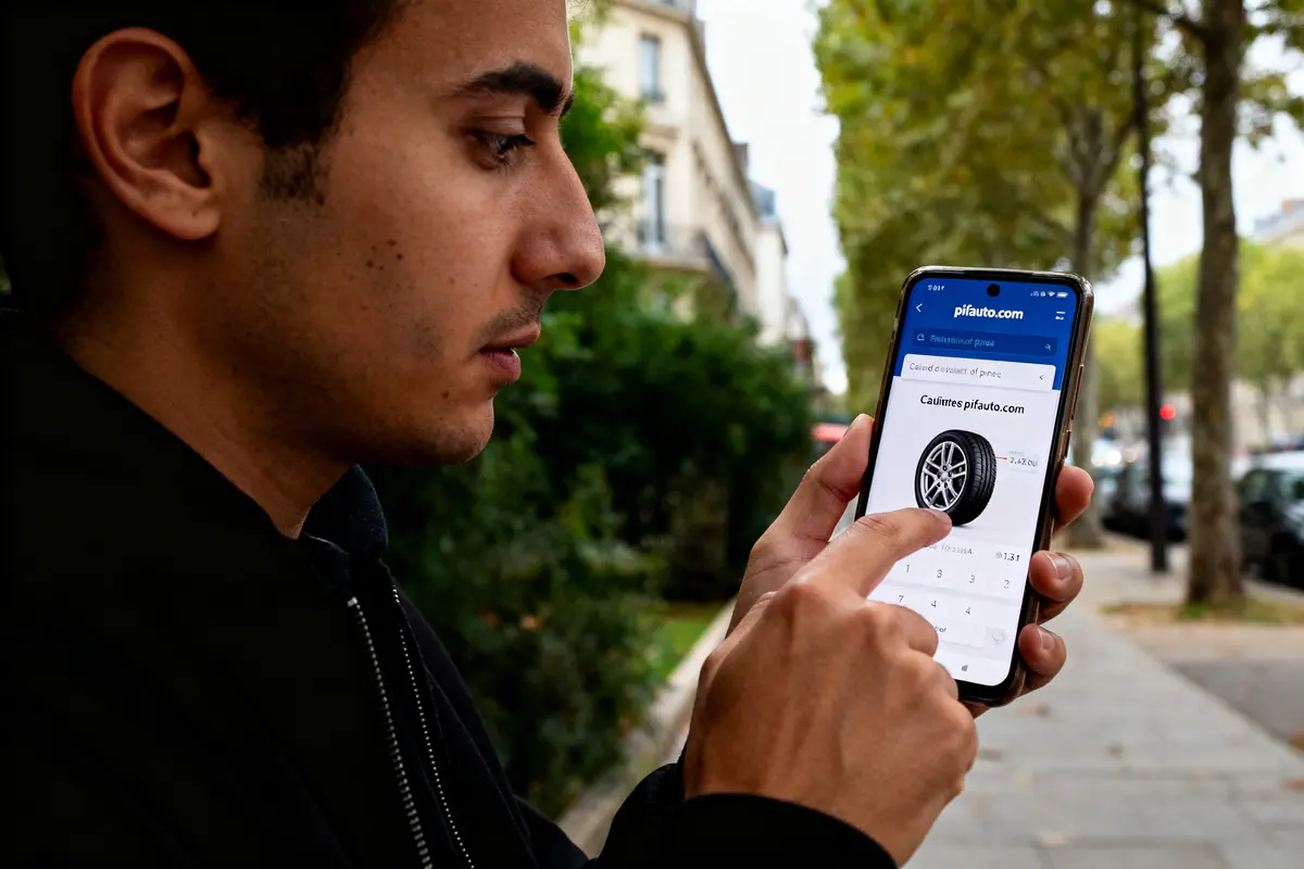 Utilisateur accédant au calcul de taille de pneu sur pifauto.com via smartphone en extérieur