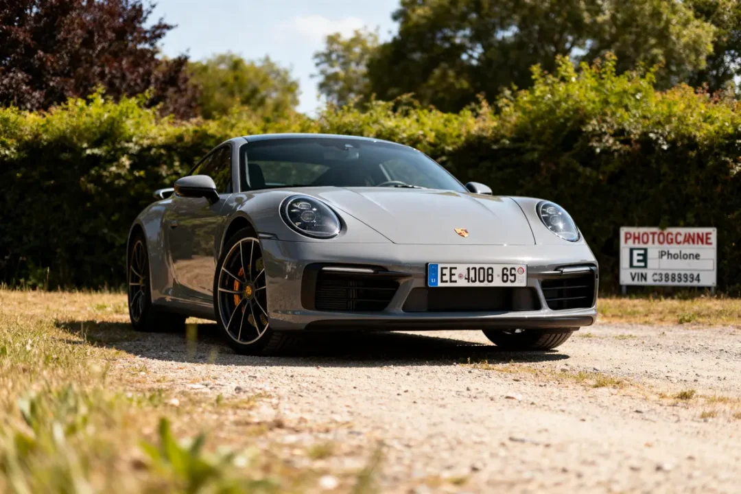 Voiture sportive grise garée sur chemin rural avec verdure et pancarte carte grise couleur voiture