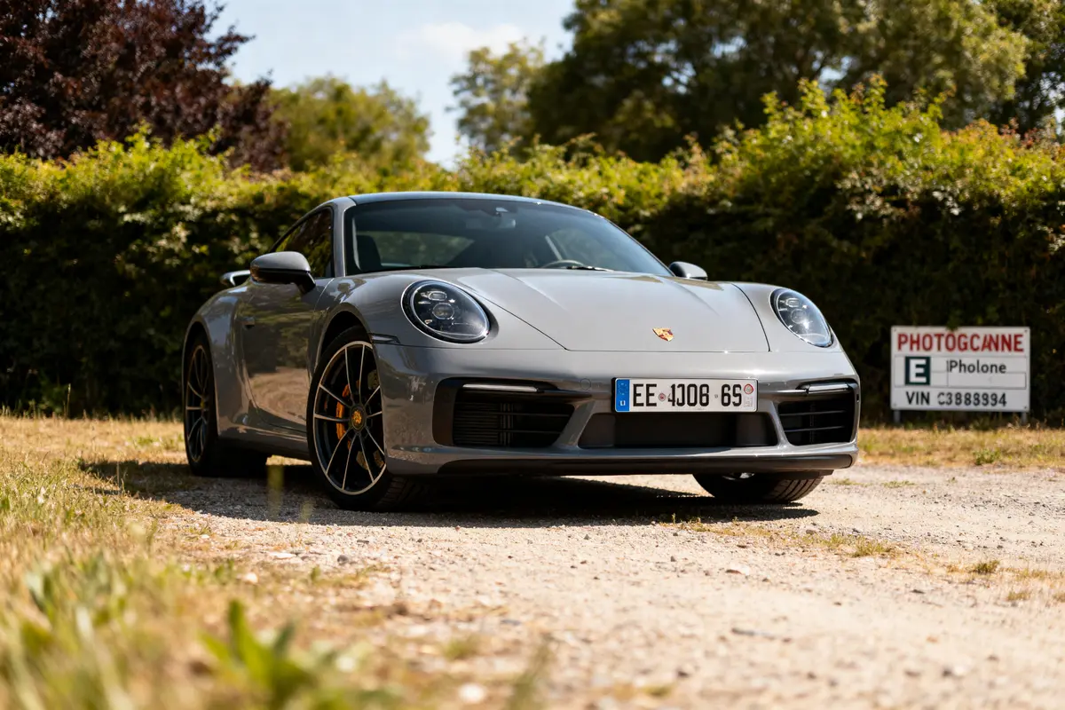 Voiture sportive grise garée sur chemin rural avec verdure et pancarte carte grise couleur voiture