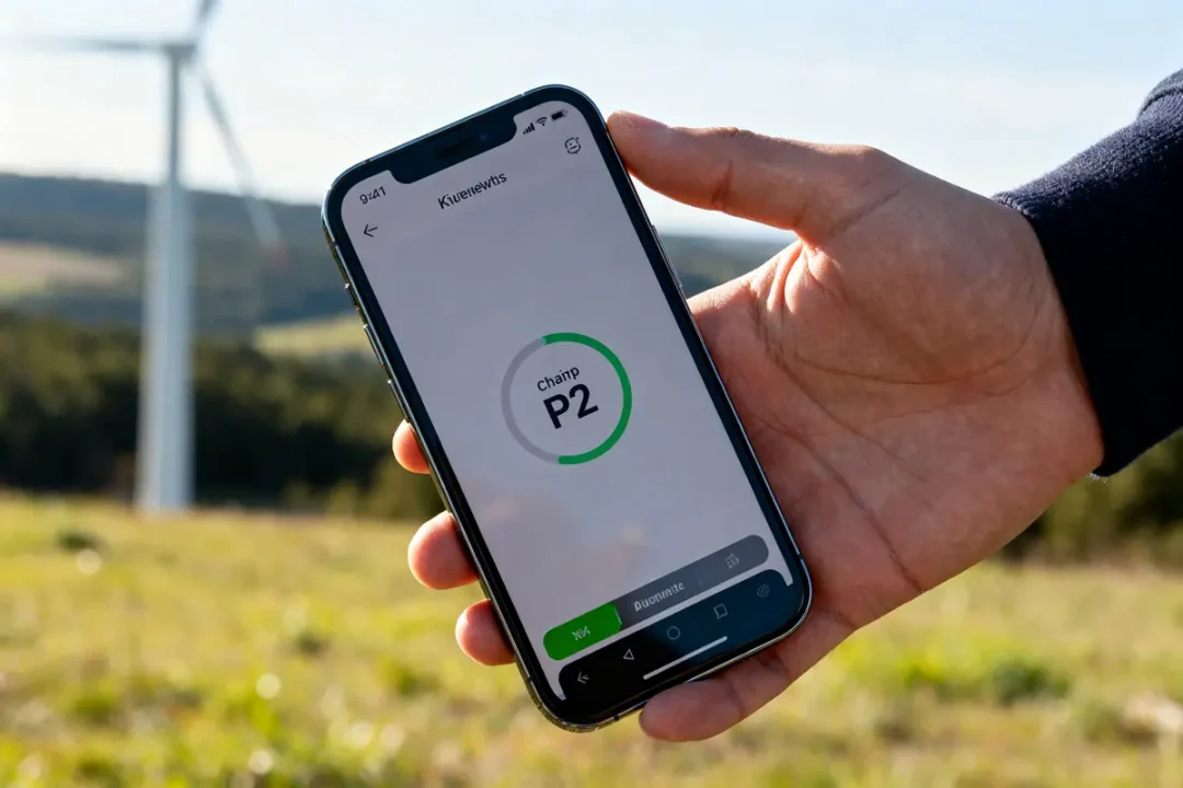 Main tenant un smartphone affichant "champ P2" devant une éolienne carte grise p2