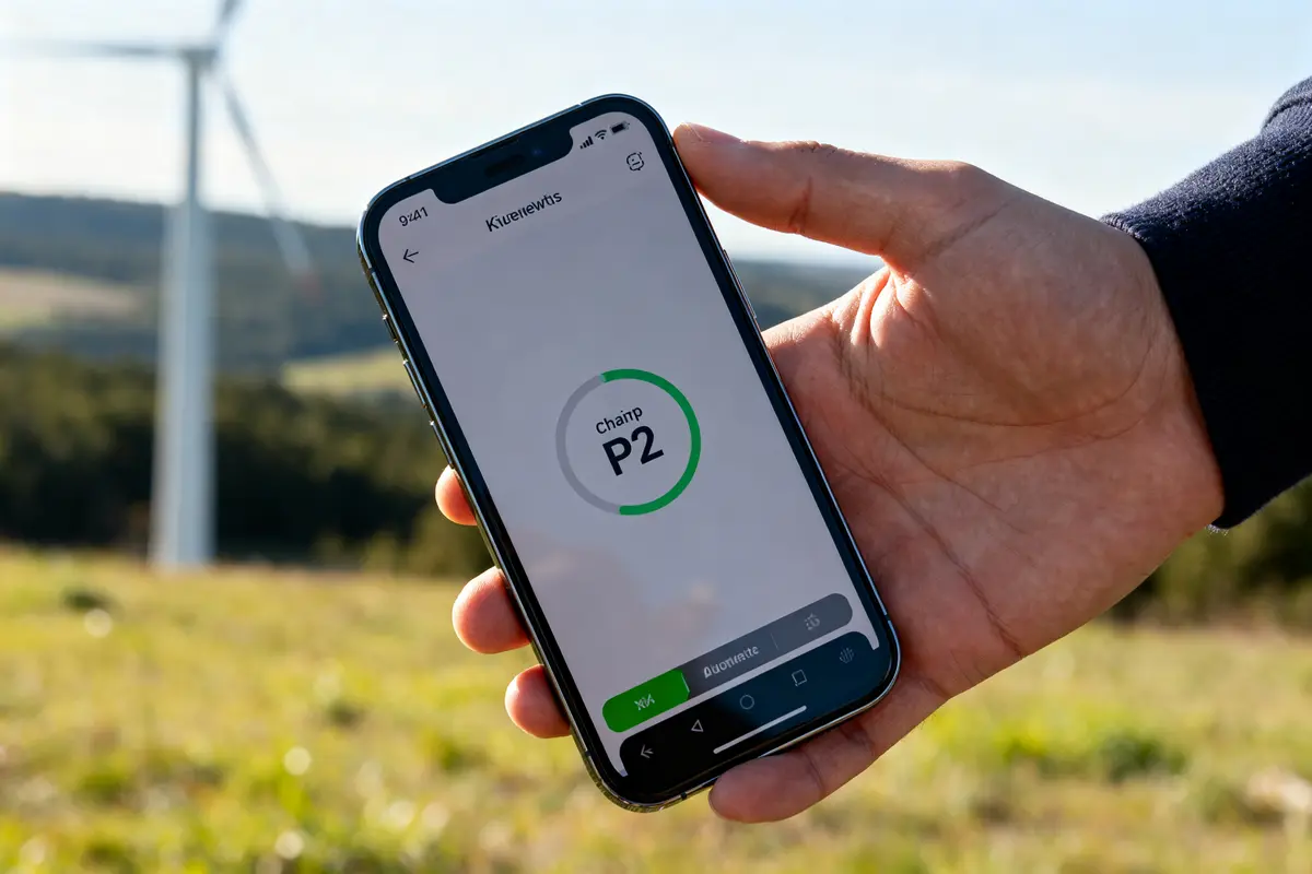 Main tenant un smartphone affichant "champ P2" devant une éolienne carte grise p2