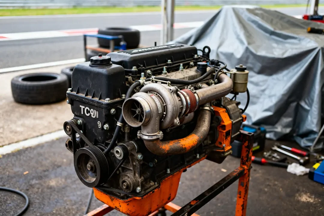 Moteur TCE 90 sur support montrant sa durée de vie et son état général visible.