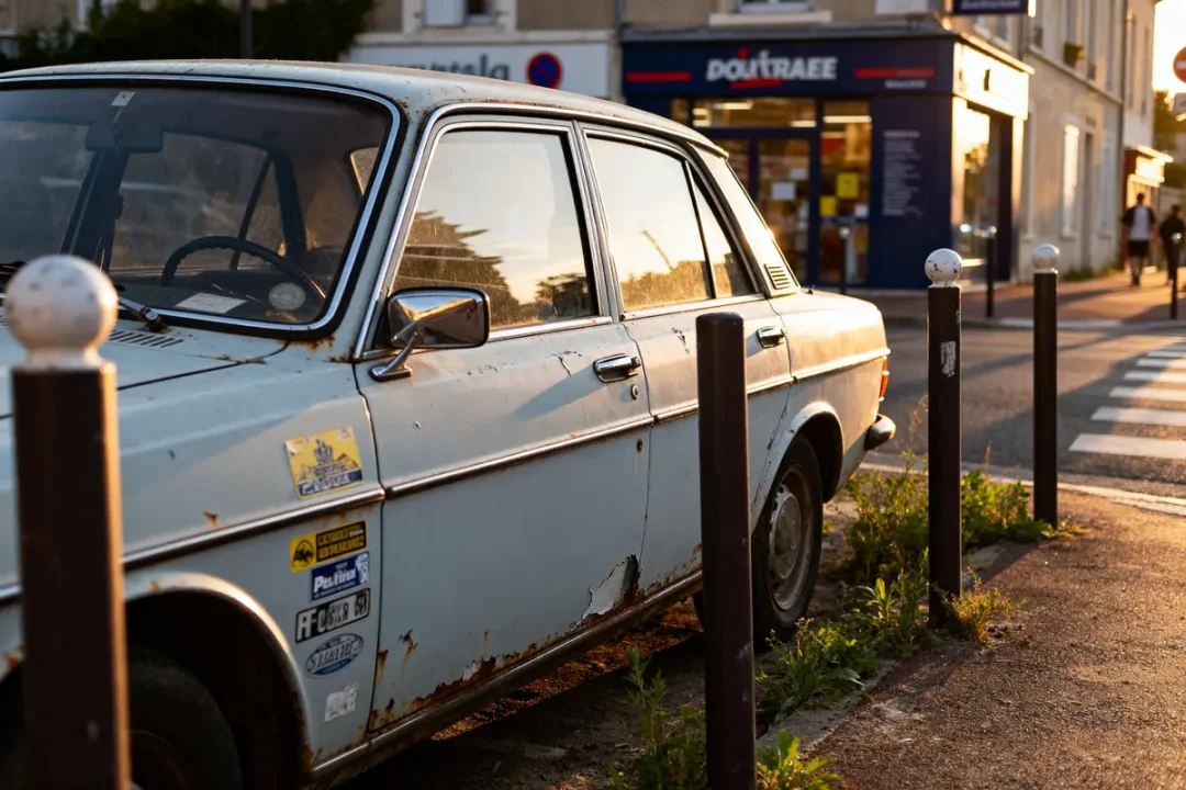 Vieille voiture rouillée stationnée en ville illustrant l'historique voiture avec éraflures et autocollants