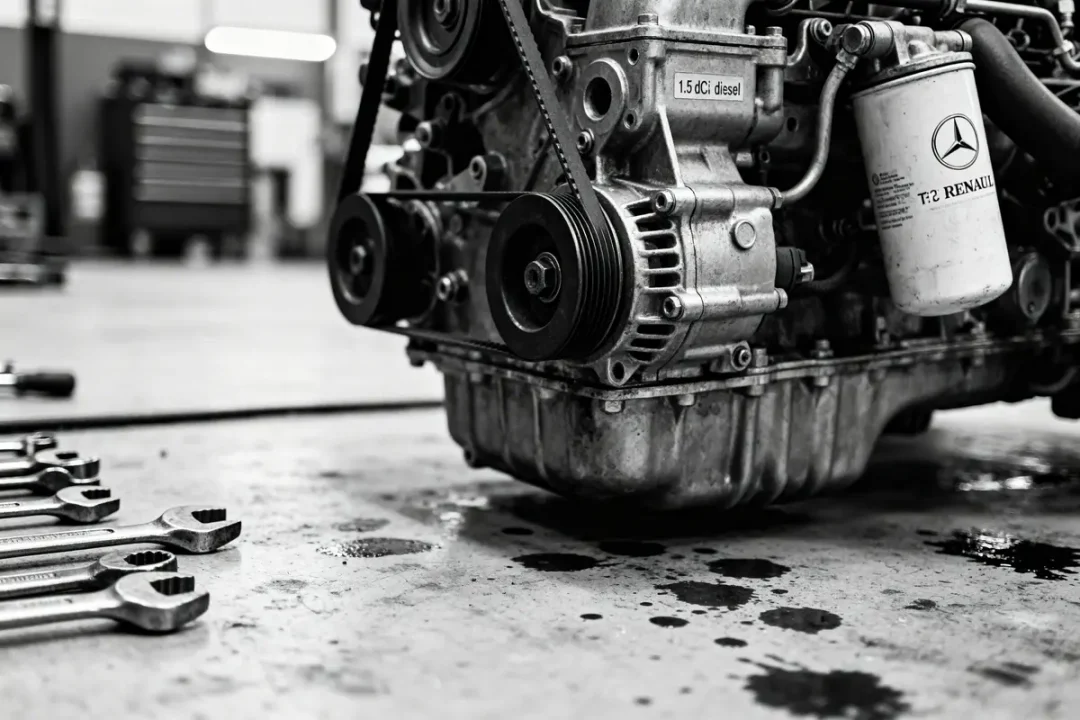 Moteur Mercedes Renault en atelier avec clés et traces d'huile au sol
