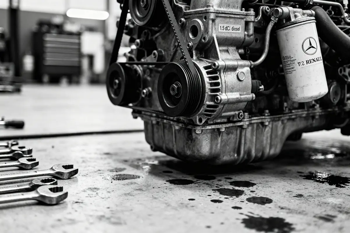 Moteur Mercedes Renault en atelier avec clés et traces d'huile au sol