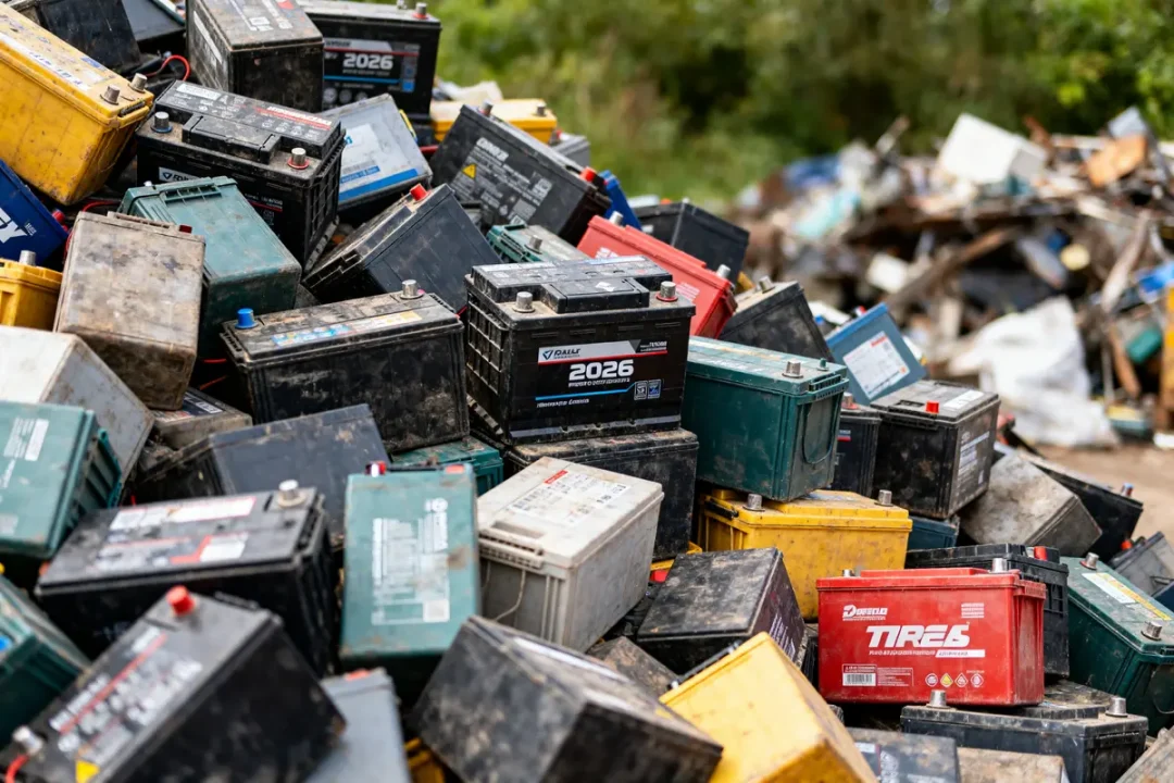 Tas de batteries usagées illustrant l'importance du prix des batteries au kilo recyclées