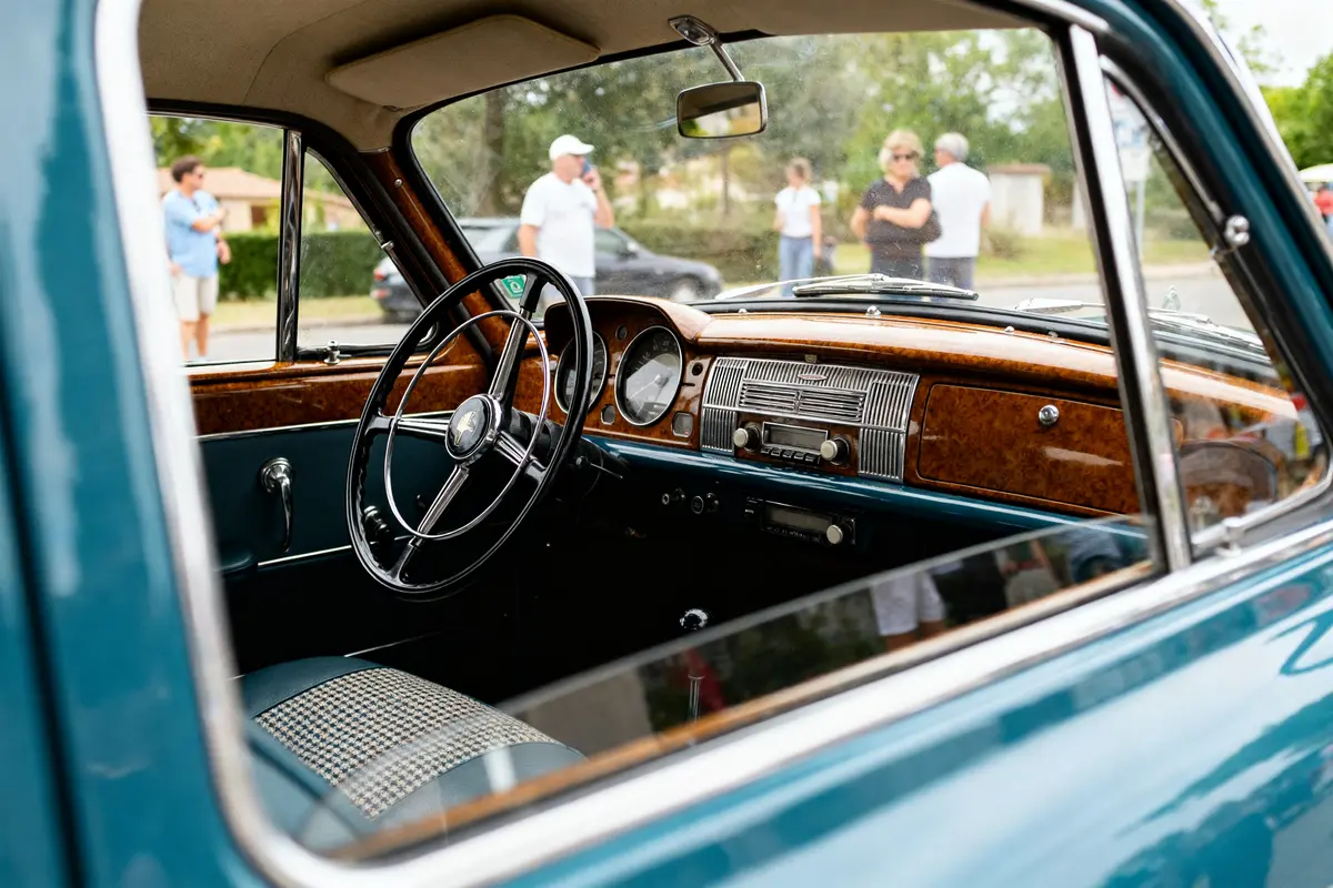 Intérieur vintage de voiture Frégate avec tableau de bord en bois et volant rétro