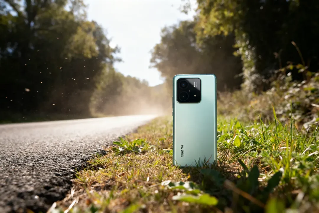 Smartphone Xiaomi posé sur l'herbe près de la route évoquant la voiture Xiaomi innovante