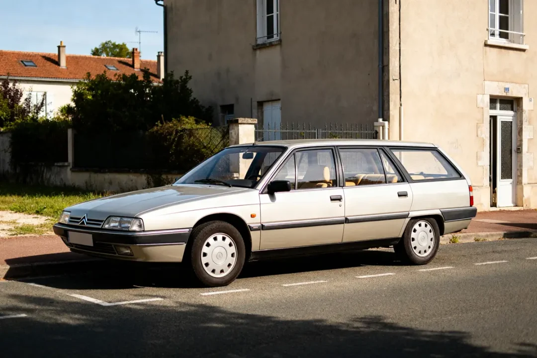 Voiture Citroën XM break argentée stationnée devant une maison résidentielle.