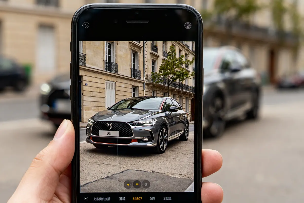 Photo de voiture DS5 capturée sur un smartphone devant un bâtiment parisien élégant
