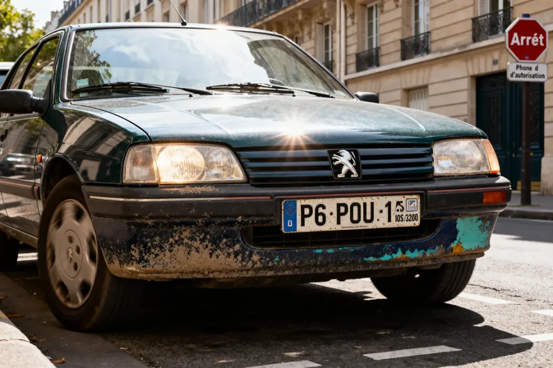 Voiture Peugeot avec immatriculation P6 correspondant sur la carte grise en rue urbaine.