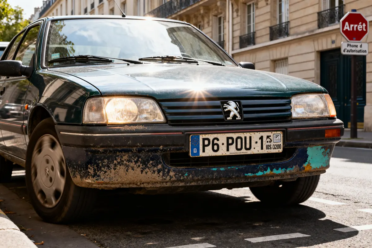 Voiture Peugeot avec immatriculation P6 correspondant sur la carte grise en rue urbaine.