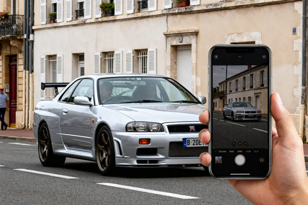 Personne photographiant une Nissan Skyline R34 Sedan argentée en ville avec un smartphone