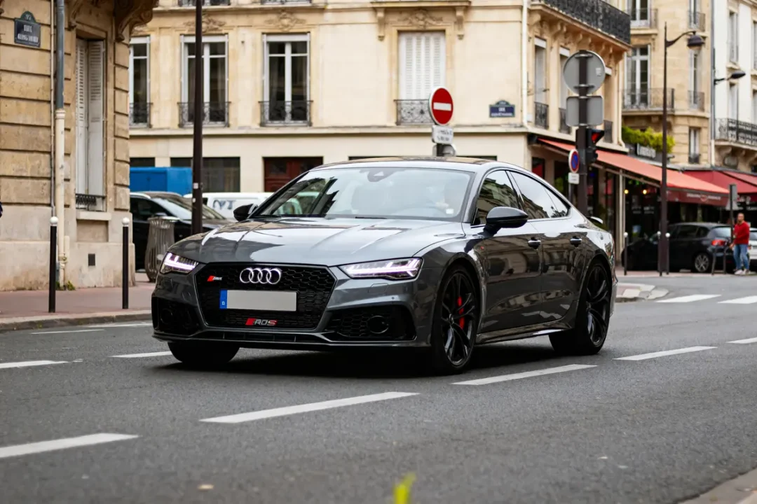 Voiture Audi RS8 grise roulant dans une rue parisienne avec immeubles en arrière-plan