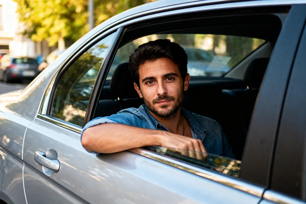 Homme souriant à la fenêtre d'une voiture discutant des avis sur Transakauto