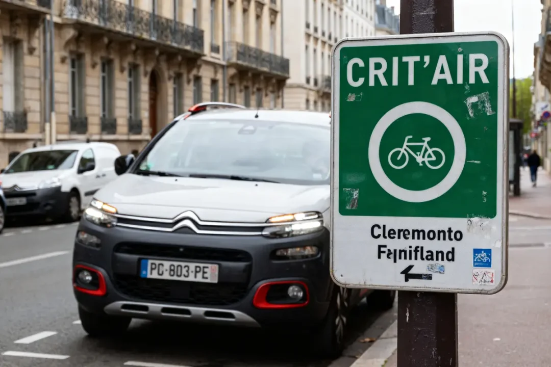Voiture et panneau Crit'Air pour vélos à Clermont-Ferrand en ville.