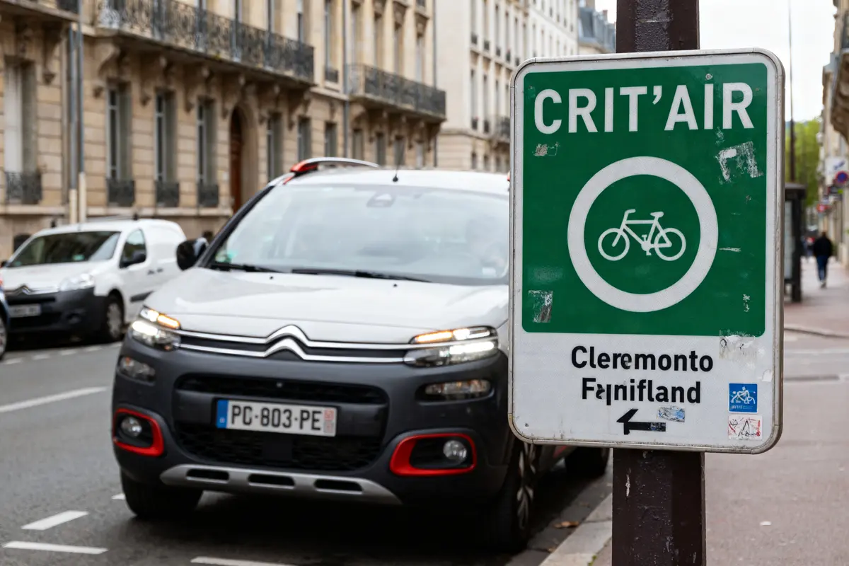 Voiture et panneau Crit'Air pour vélos à Clermont-Ferrand en ville.