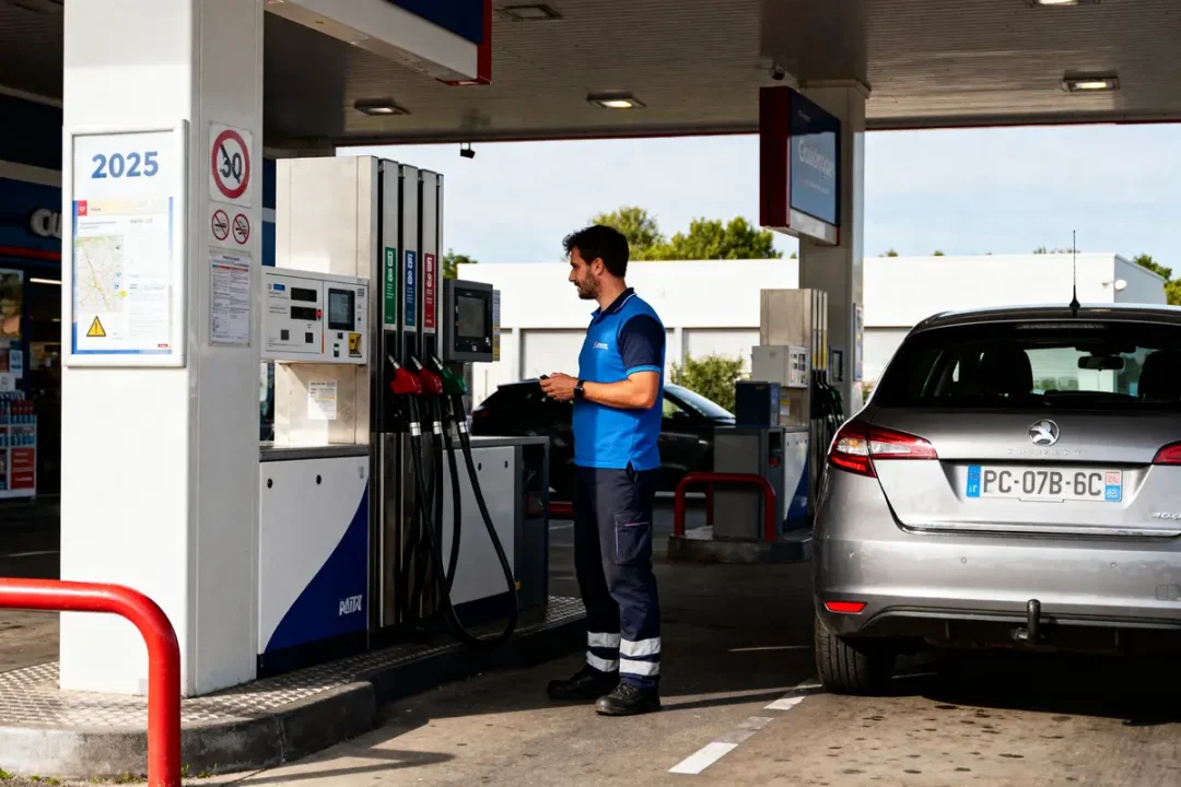 Un homme à une station-service vérifie la prime de carburant pour 2025