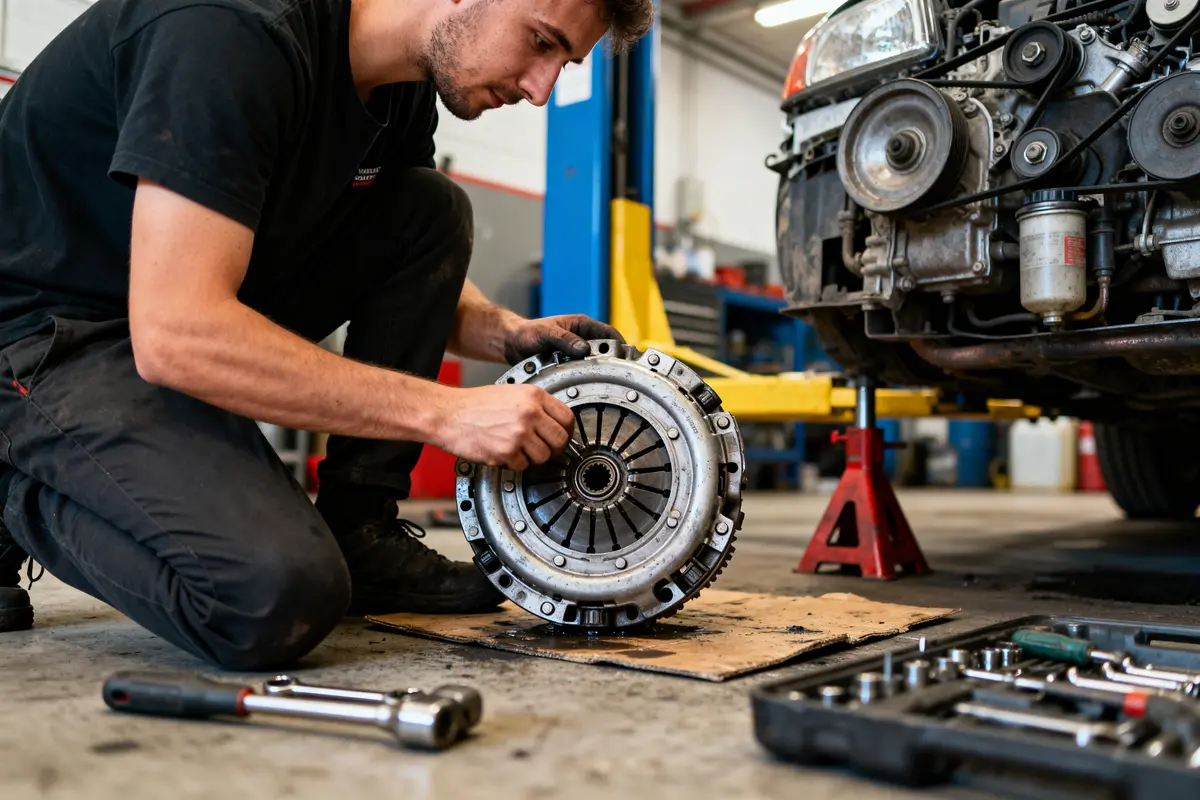 Mécanicien vérifiant un embrayage de voiture levée, estimation du prix pour changer un embrayage