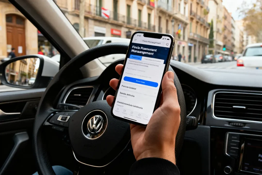 Conducteur utilisant une application de gestion financière sct myfines eu sur smartphone en voiture