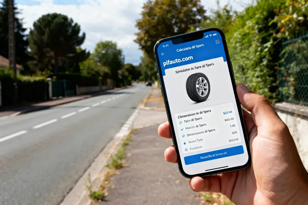 Personne utilisant simulateur de dimension de pneus sur pifauto.com via smartphone sur route bordée d'arbres