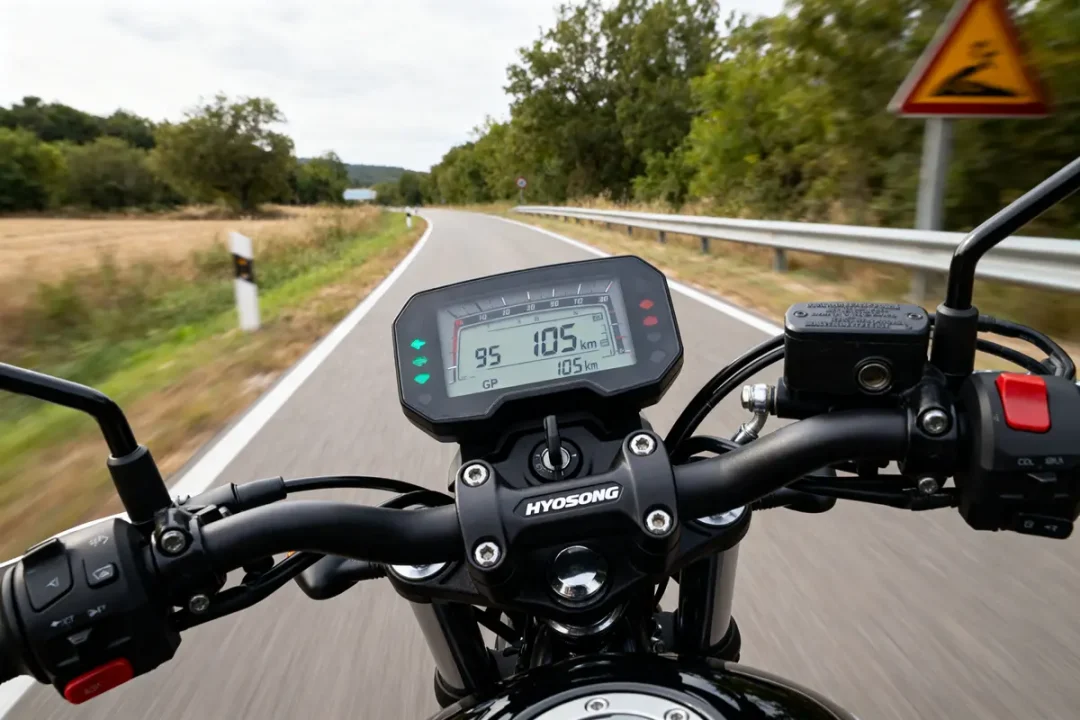Vue du compteur Hyosung Bobber 125 indiquant la vitesse maximale sur route sinueuse